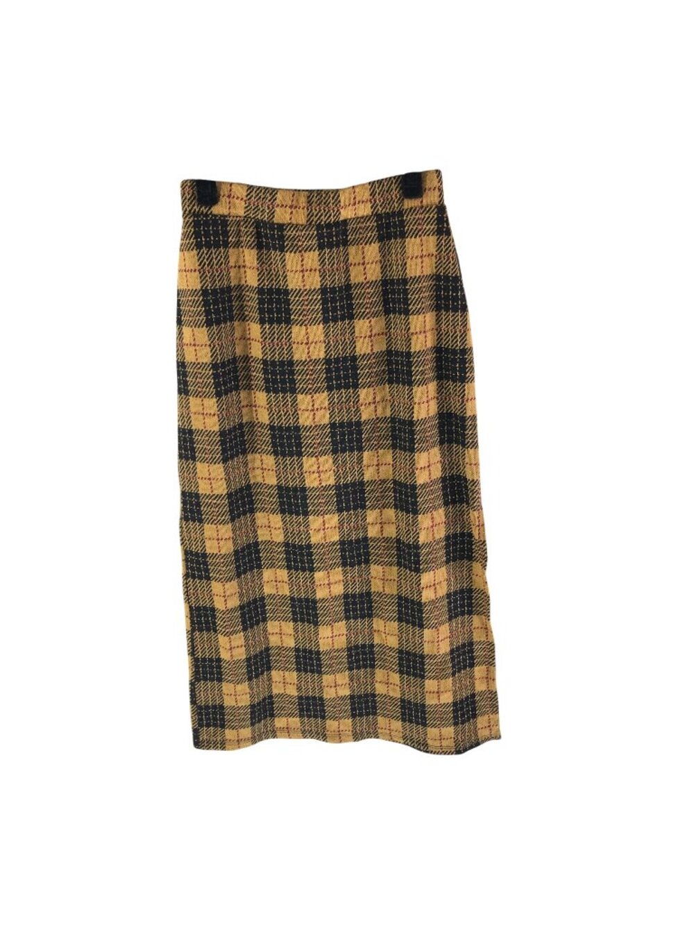 Mango MNG Womens Yellow & Black Plaid Pencil Skirt With Side Slit Pull On S